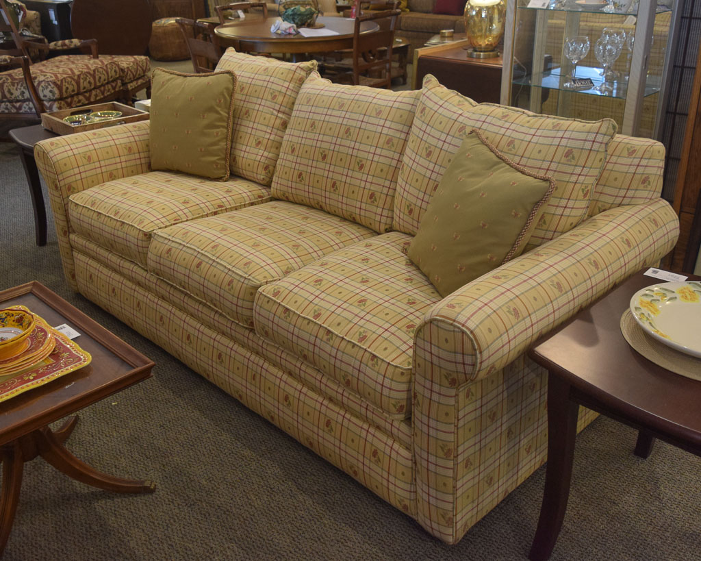 Brown, Yellow and White Plaid Loveseat Sofa